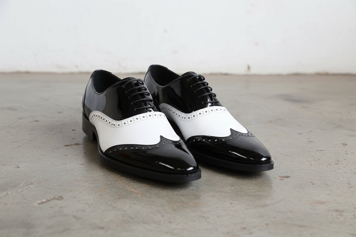 Handmade two tone wing tip dress shoes, Men Spectators shoes, formal shoes - front-view