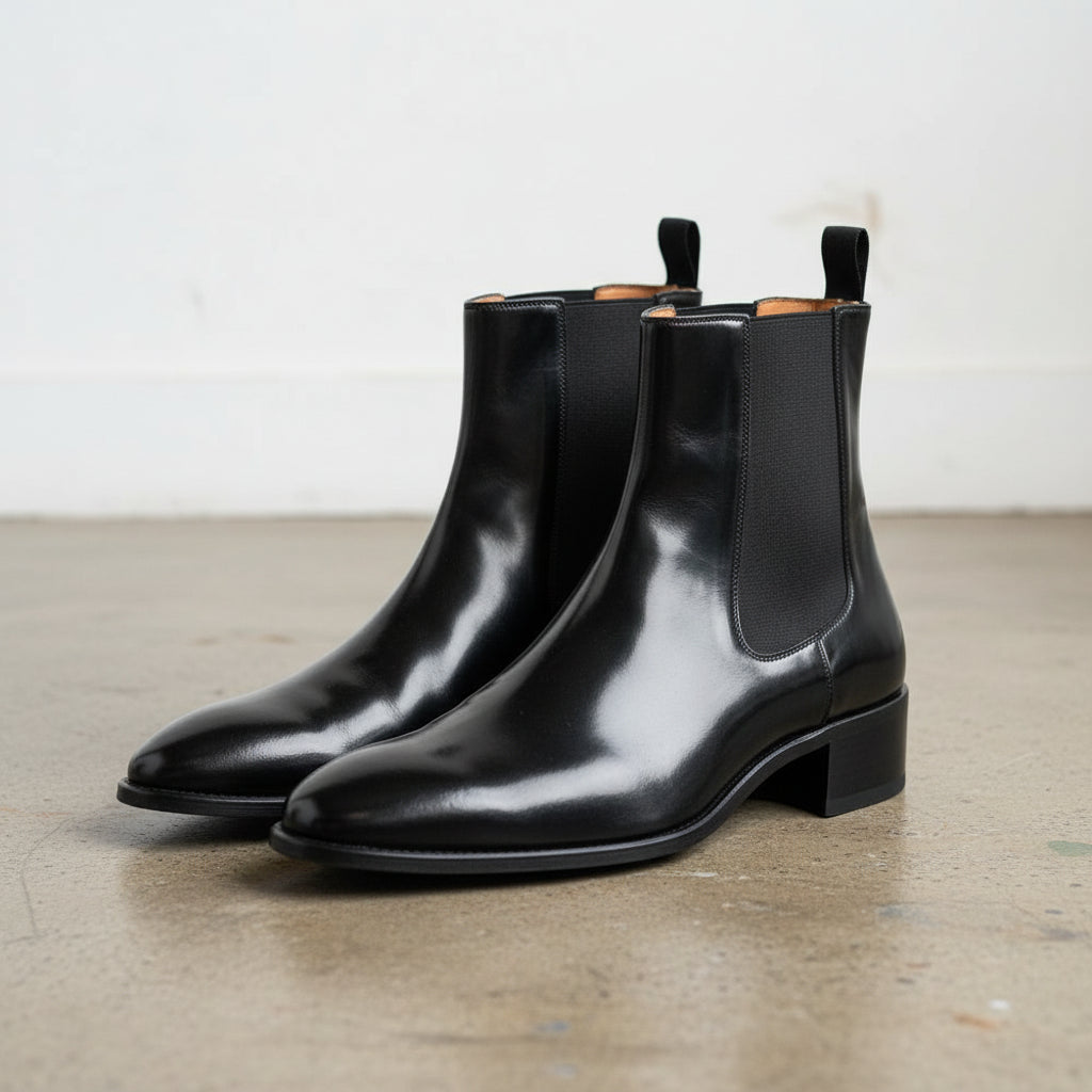 Handmade Unisex Patent Leather High Ankle Boots - angle-view-showing-depth