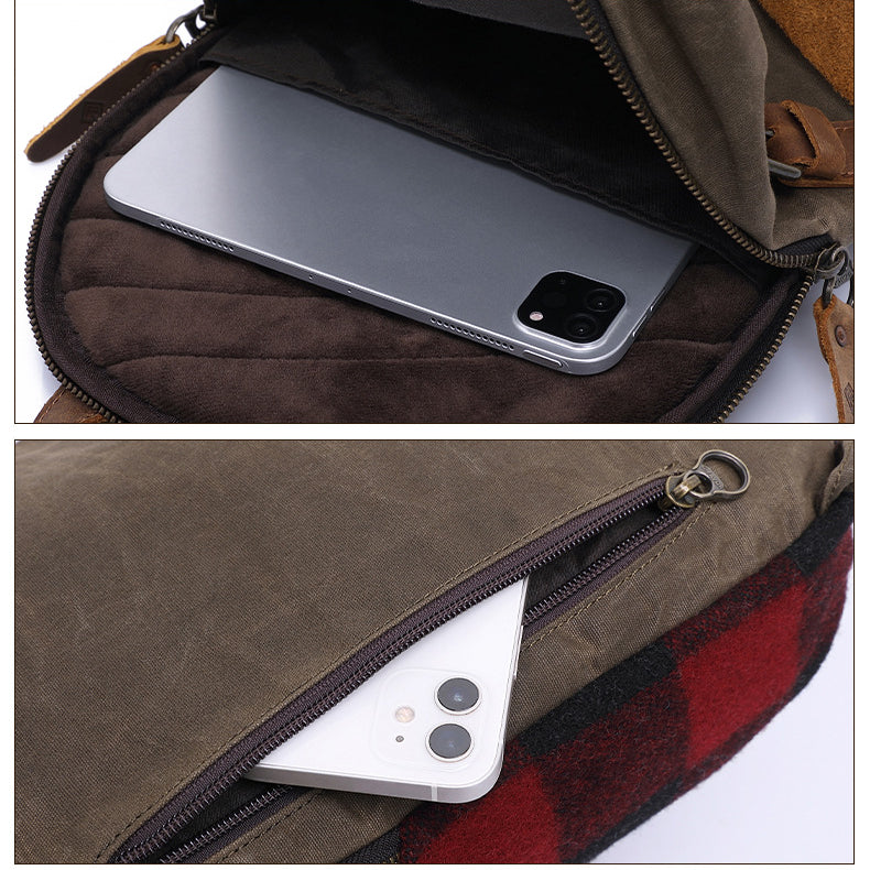 Handmade Vintage Buffalo Check Canvas Leather Men’s Crossbody Sling Bag