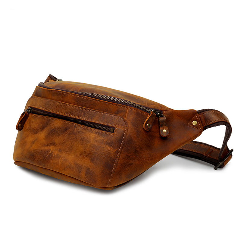 Handmade Vintage Crazy Horse Leather Zipper Chest Bag for Men