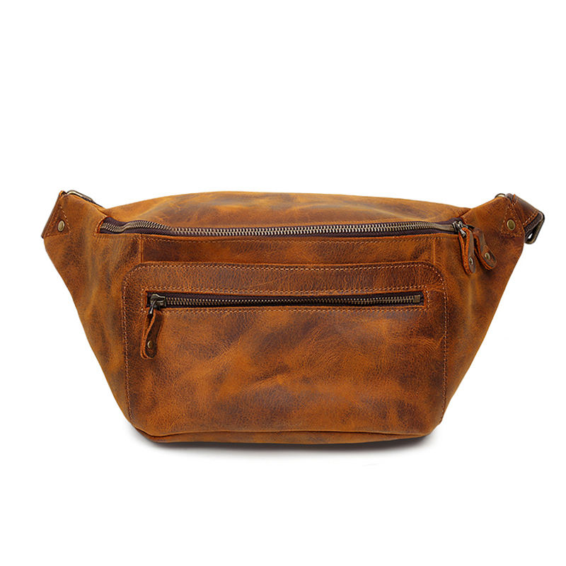 Handmade Vintage Crazy Horse Leather Zipper Chest Bag for Men