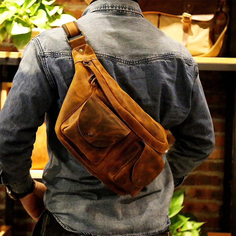chest backpack leather Men's Brown Pebbled Leather Sling Bag