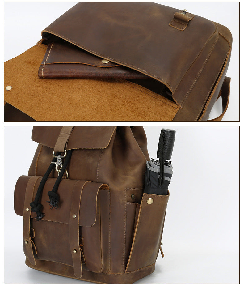drawstring leather backpack Men's Brown Leather Drawstring Backpack