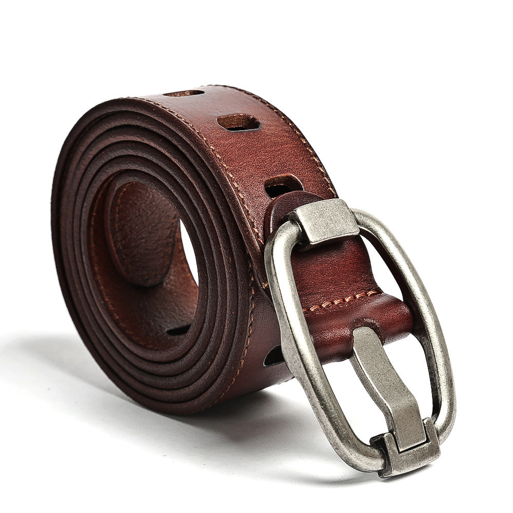 Handmade Vintage Pinhole Steel Buckle Genuine Leather Men’s Belt