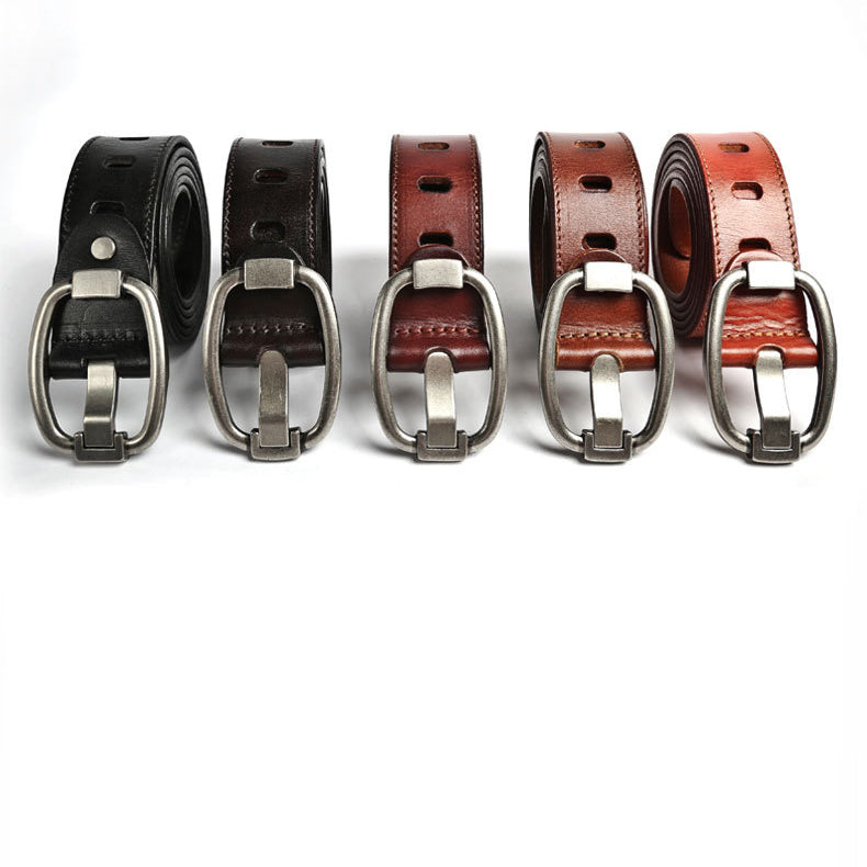 Handmade Vintage Pinhole Steel Buckle Genuine Leather Men’s Belt