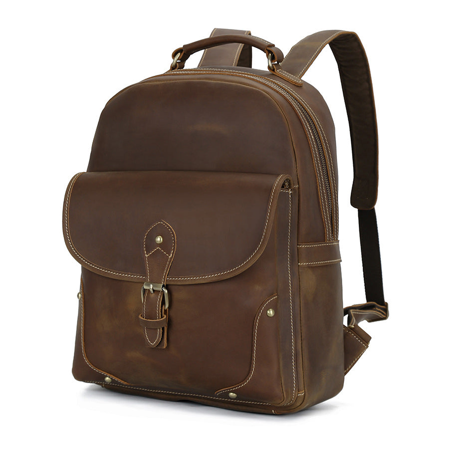Handmade Vintage Retro Zipper Full-Grain Leather Men's Laptop Backpack