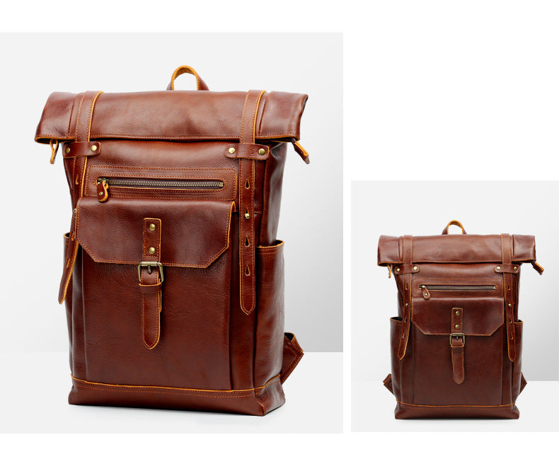 Handmade Vintage Roll-Top Genuine Leather Men's Laptop Backpack