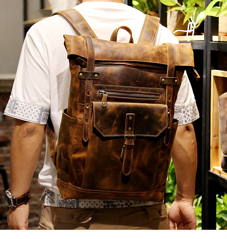 Handmade Roll-Top Genuine Leather Men's Laptop Backpack