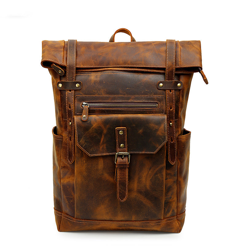 Handmade Vintage Roll-Top Genuine Leather Men's Laptop Backpack
