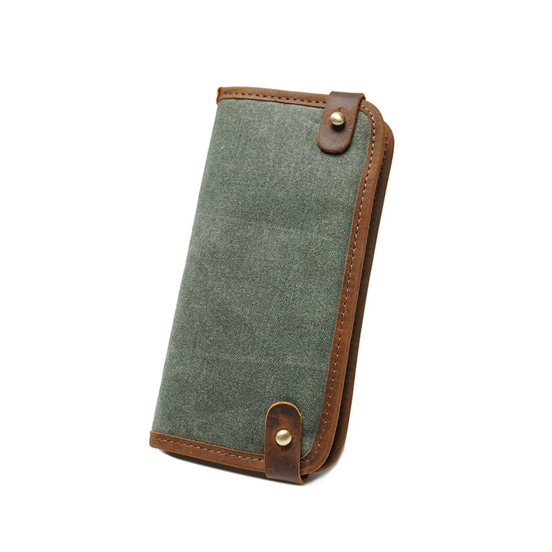 Handmade Vintage Slim Canvas Long Wallet with Coin Pocket for Men