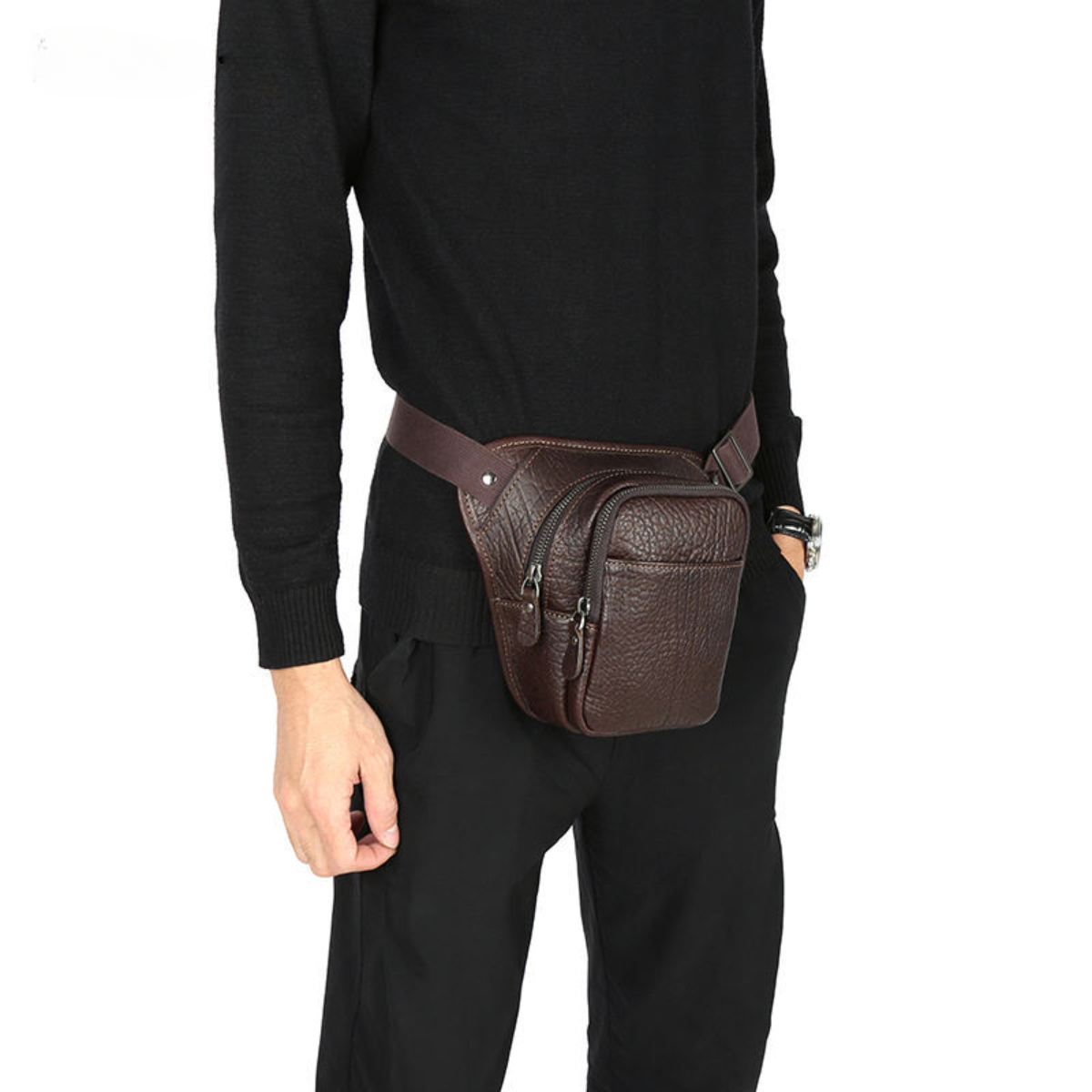Handmade Vintage Waterproof Zipper Genuine Leather Men’s Waist Bag