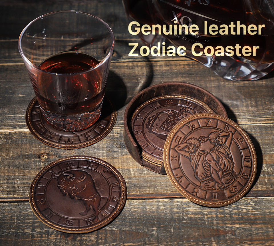 Handmade Vintage Zodiac Leather Drink Coasters Set of 6