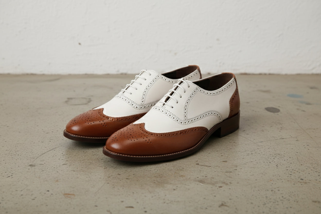 Handmade Wingtip Brogue Lace-UP Full-Grain Leather Men’s Dress Shoes - angle-view-showing-depth