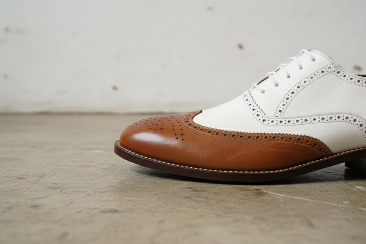 Handmade Wingtip Brogue Lace-UP Full-Grain Leather Men’s Dress Shoes - detail-view-showing-texture