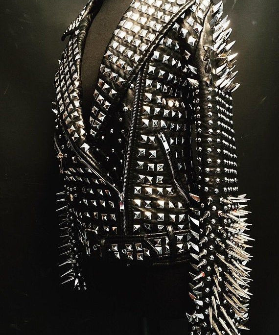 Punk Handmade Women Black Leather Studded Moto Jacket, Rock Jacket
