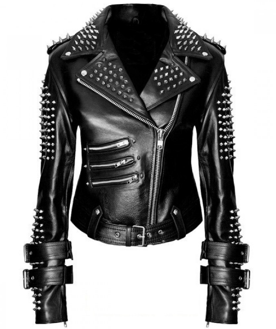 Punk Handmade Women Black Silver Spiked Studded Leather Biker Jacket