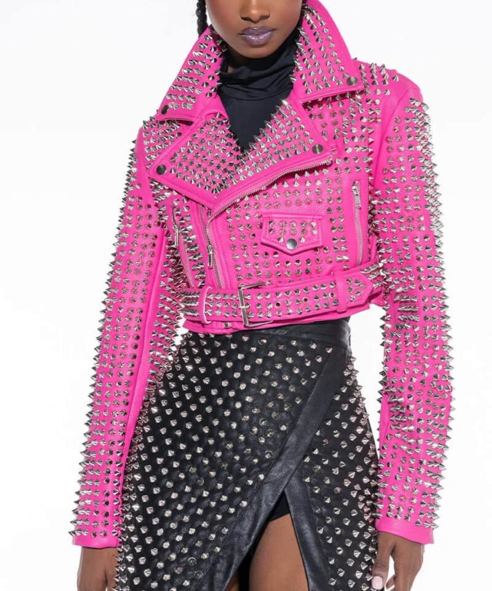 Handmade women hot pink stud party rock moto jacket , leather gothic rivet
