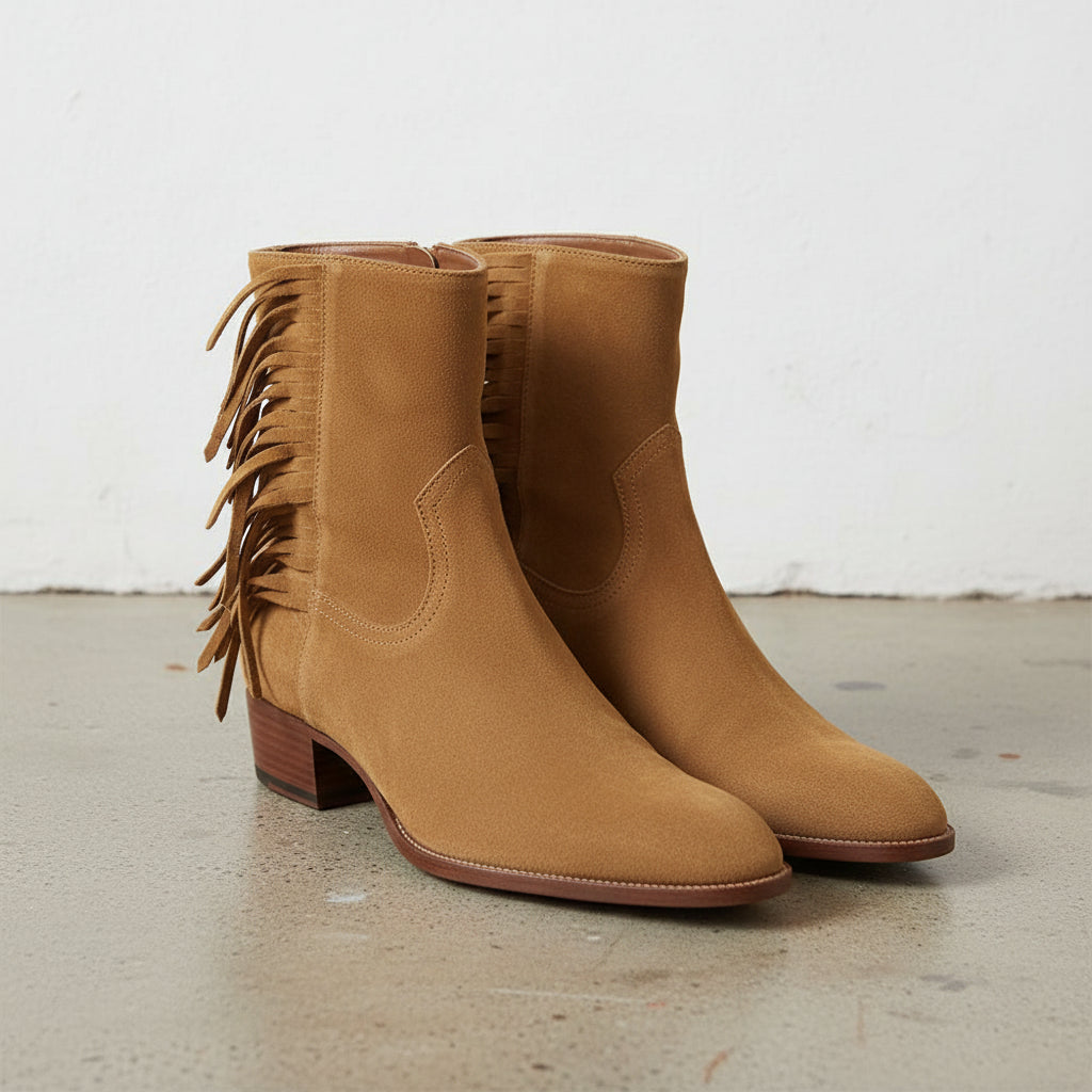 Handmade Women's Cow Leather Suede Fringe Ankle Boots - angle-view-showing-depth