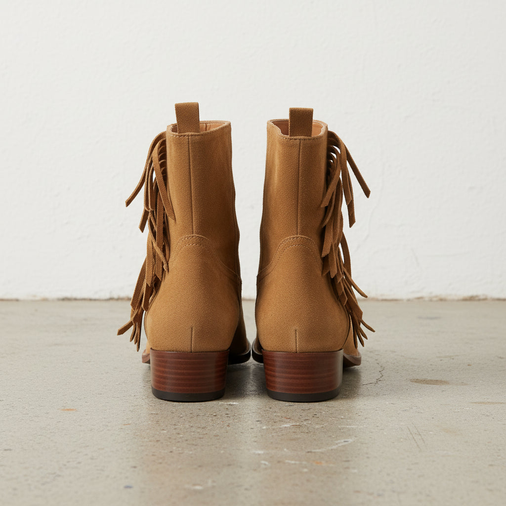 Handmade Women's Cow Leather Suede Fringe Ankle Boots - back-view