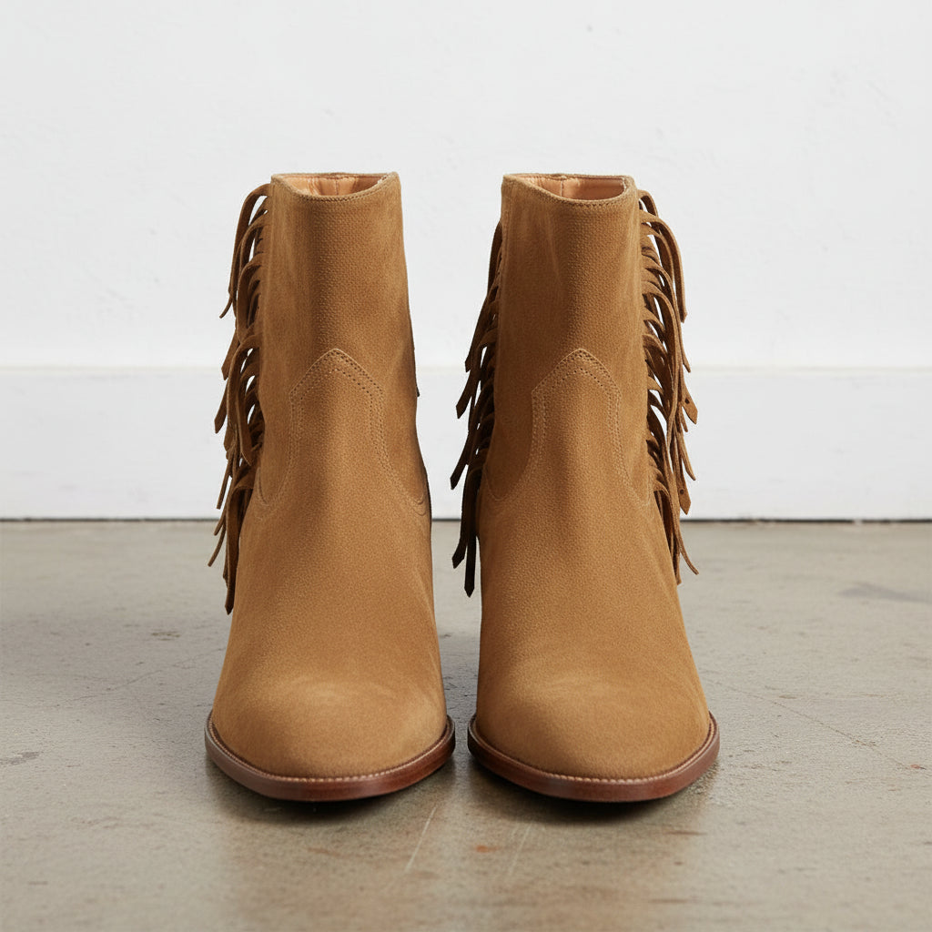 Handmade Women's Cow Leather Suede Fringe Ankle Boots - front-view