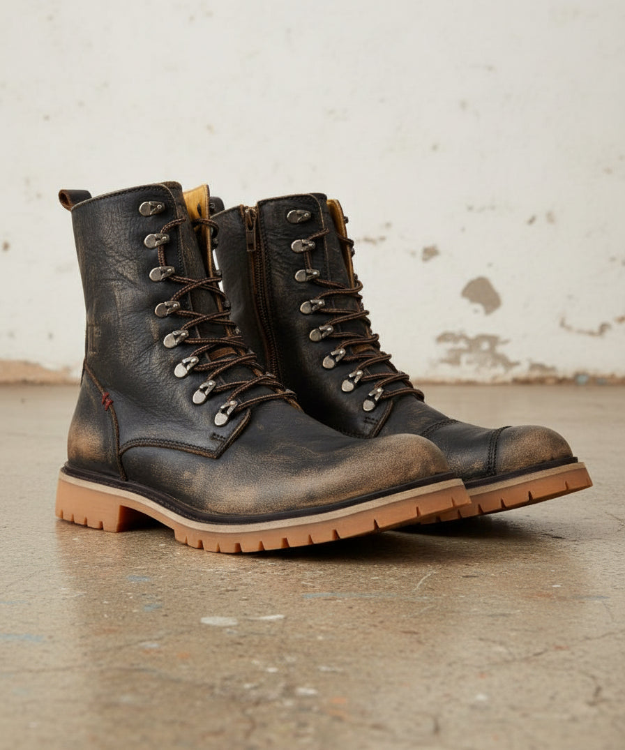 Heavy Duty Biker Boots - Calf Leather Biker Footwear Sand Brown - angle-view-showing-depth