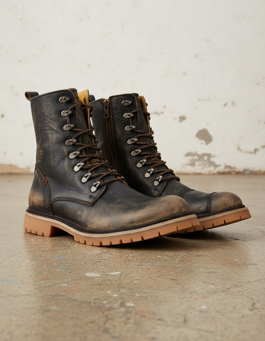 Heavy Duty Biker Boots - Calf Leather Biker Footwear Sand Brown - angle-view-showing-depth