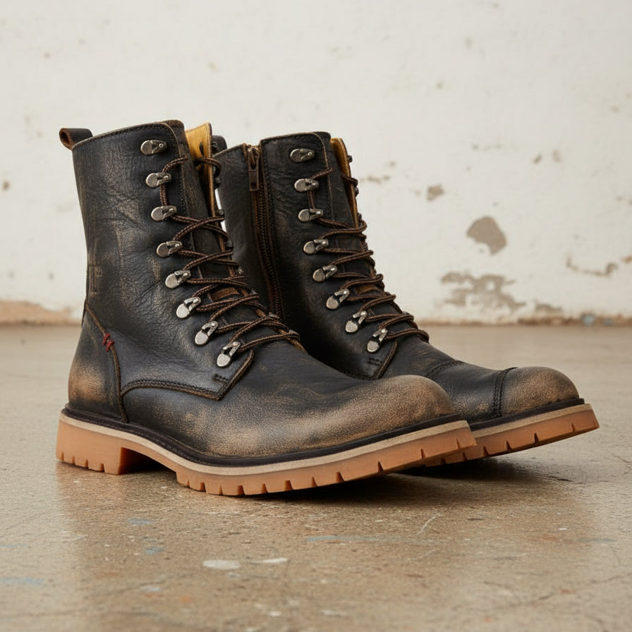 Heavy Duty Biker Boots - Calf Leather Biker Footwear Sand Brown - angle-view-showing-depth