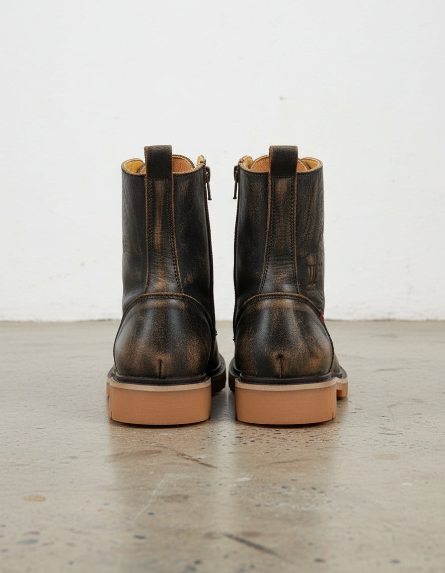 Heavy Duty Biker Boots - Calf Leather Biker Footwear Sand Brown - back-view