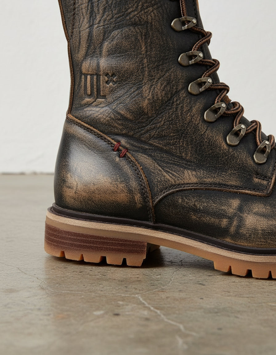 Heavy Duty Biker Boots - Calf Leather Biker Footwear Sand Brown - detail-view-showing-texture