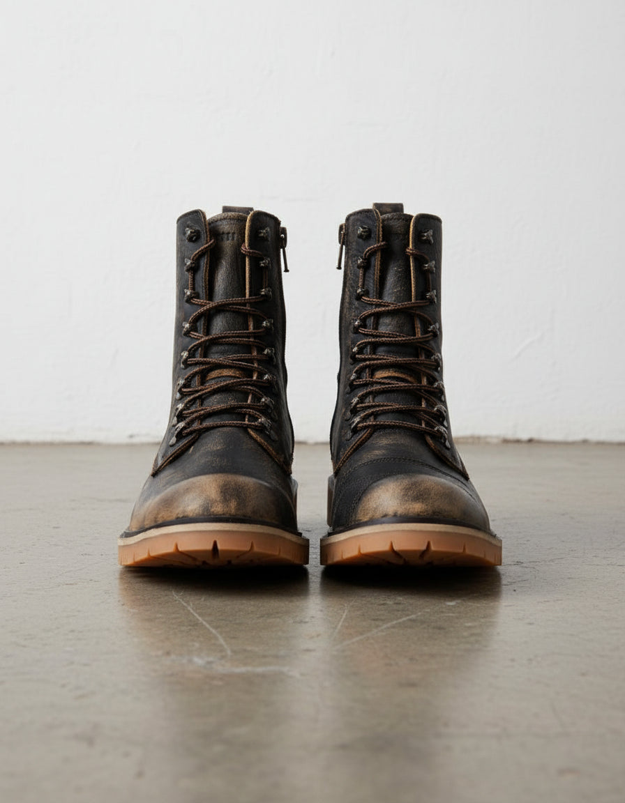 Heavy Duty Biker Boots - Calf Leather Biker Footwear Sand Brown - front-view