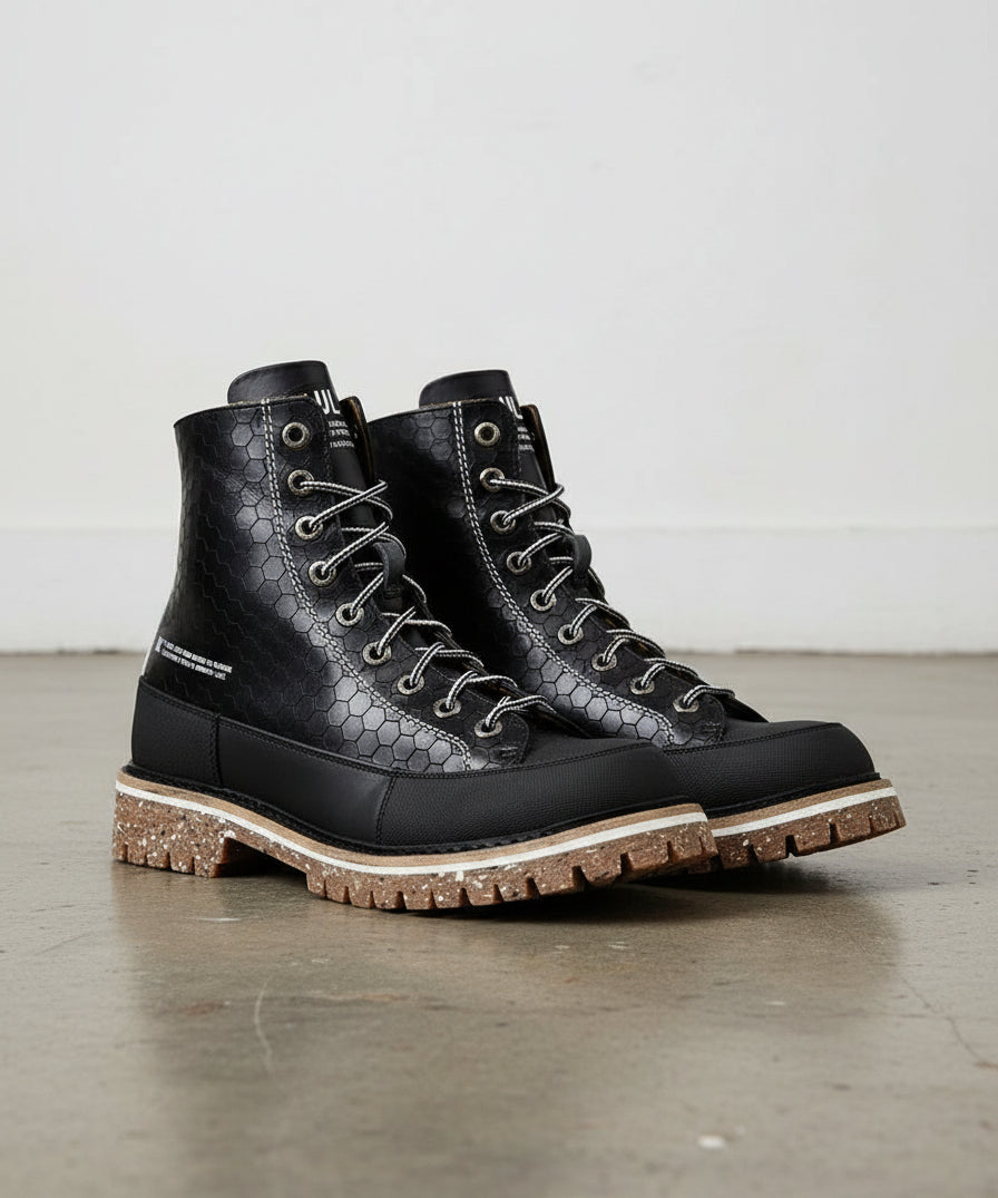 Hexagon-Patterned Men's Lace-Up Motorcycle Boots - angle-view-showing-depth