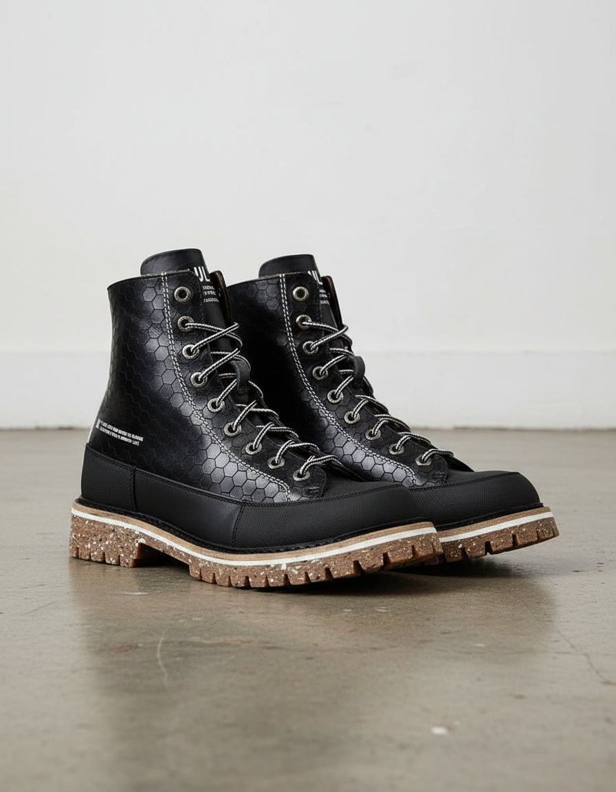 Hexagon-Patterned Men's Lace-Up Motorcycle Boots - angle-view-showing-depth