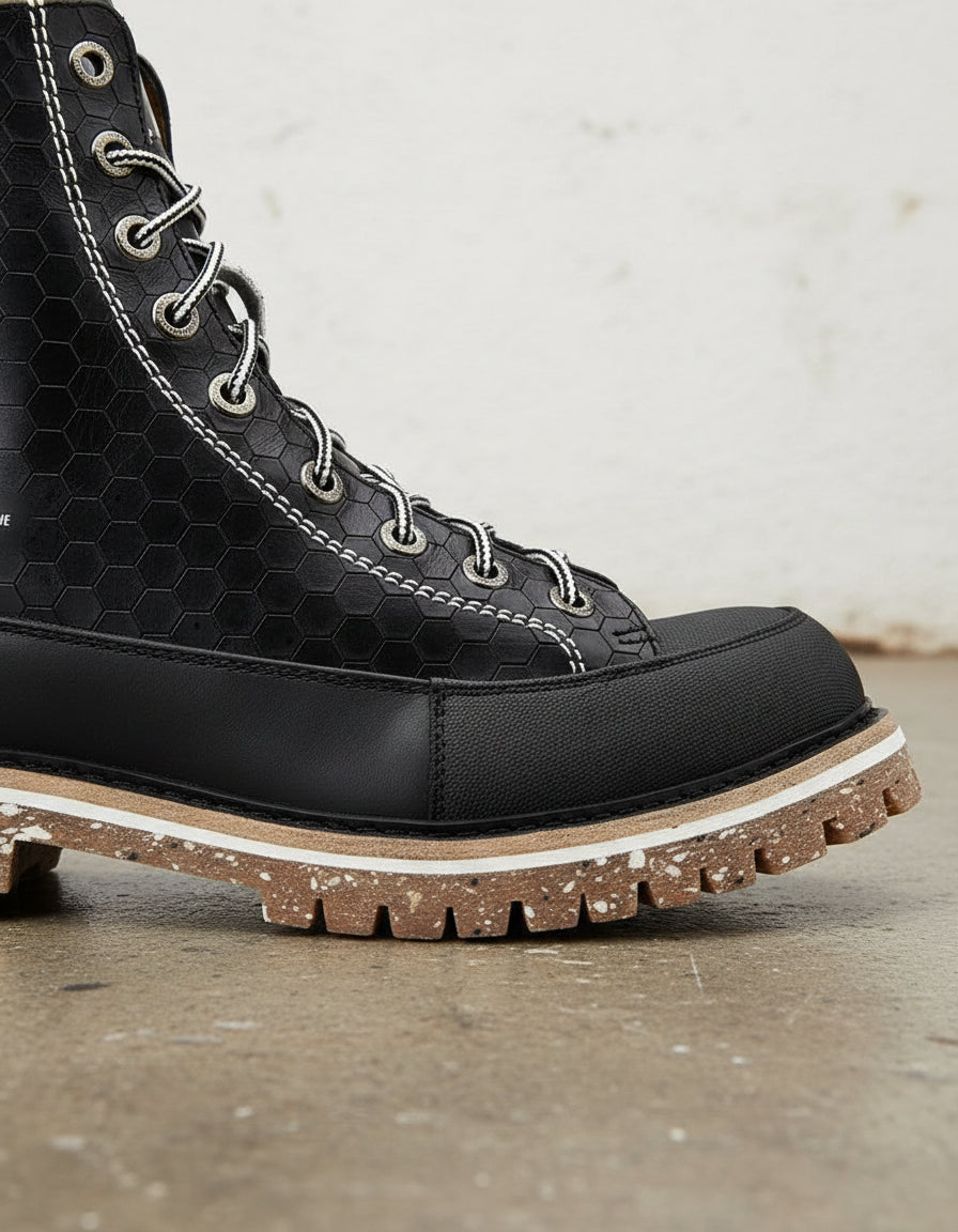 Hexagon-Patterned Men's Lace-Up Motorcycle Boots - detail-view-showing-texture
