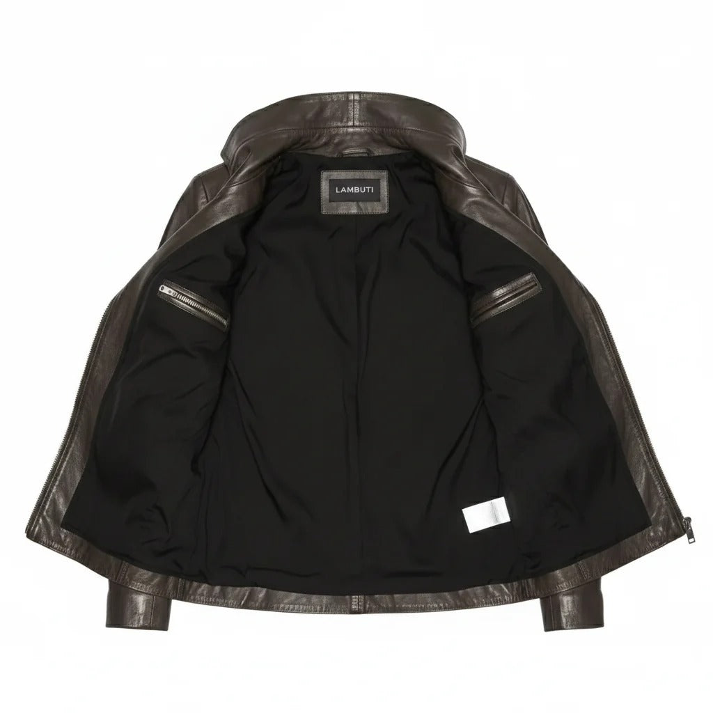 Women's Dark Grey Wide Collar Leather Biker Jacket — Harrogate
