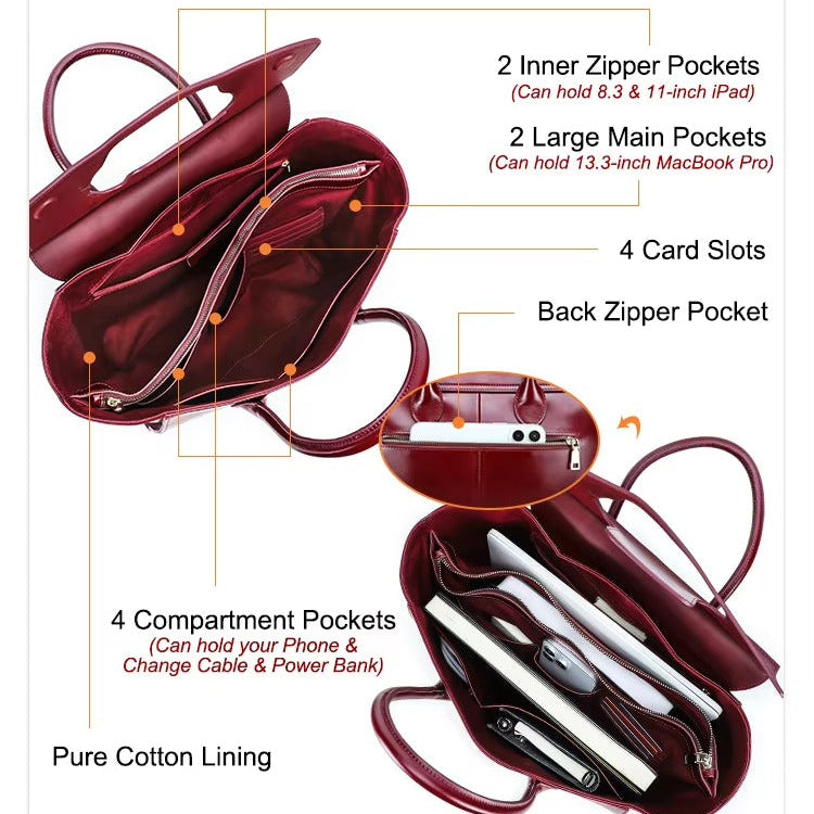 Handmade Full Grain Leather Work Handbag for Women, Vintage Multi-Compartment Laptop Bag