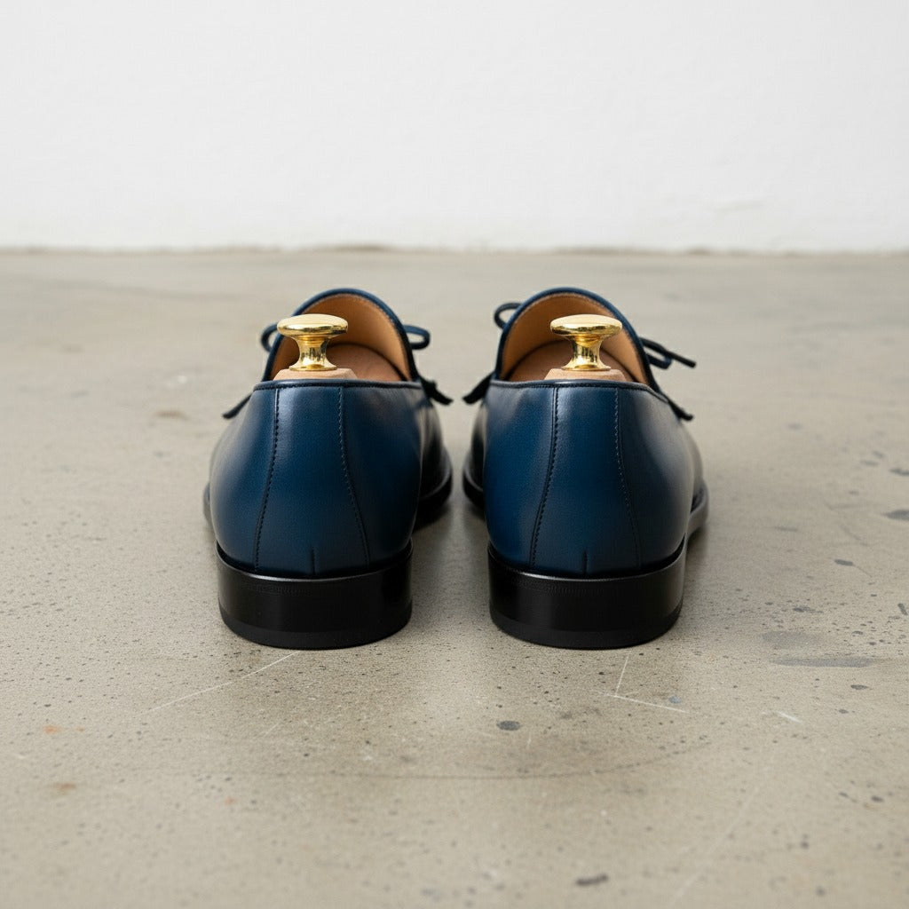 Handmade Men's Blue Leather Fringe Moccasins