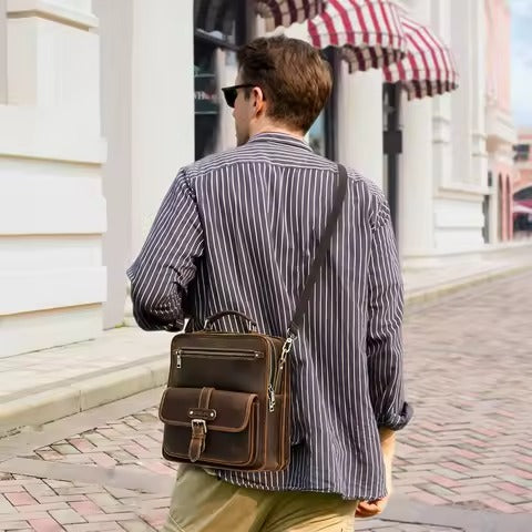 Men's Casual Leather Messenger Bag, Compact Crossbody Bag for iPad