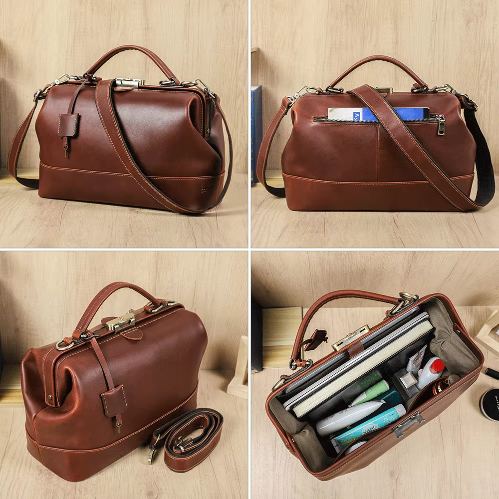 Full Grain Leather Work Handbag for Women with Lockable Frame