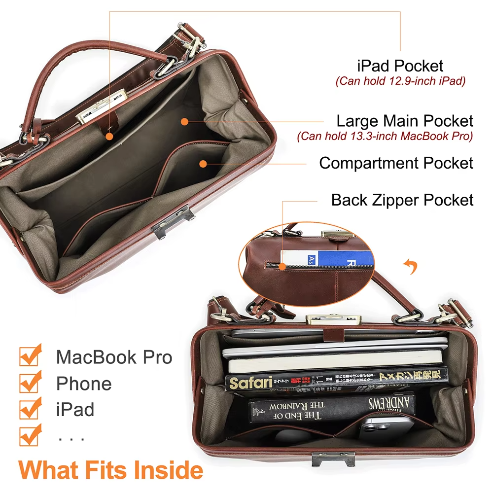 Full Grain Leather Work Handbag for Women with Lockable Frame