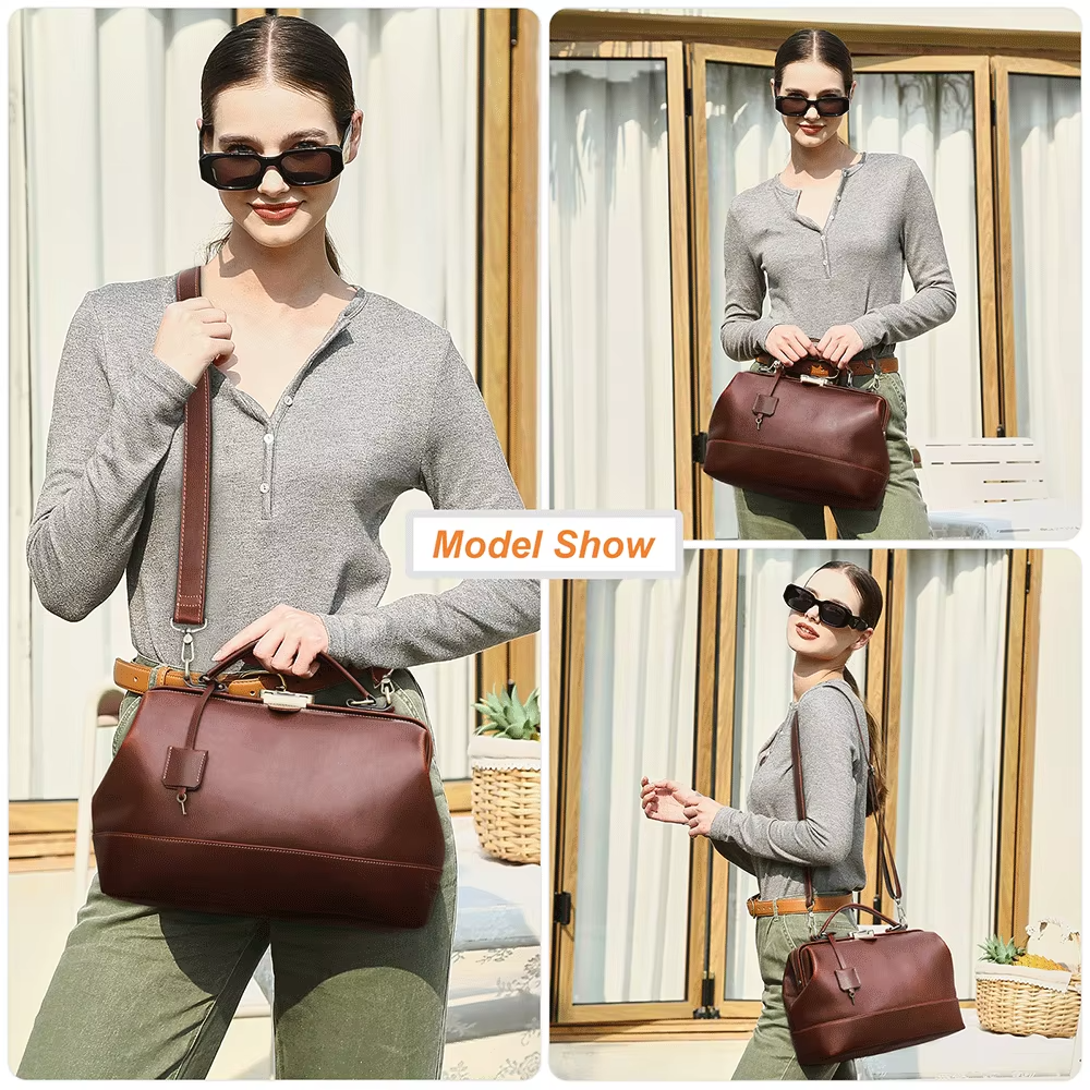 Full Grain Leather Work Handbag for Women with Lockable Frame