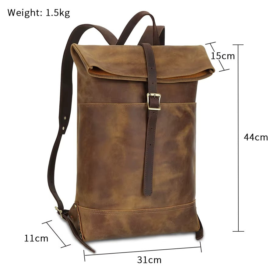 Genuine Leather Slim Roll-Top Backpack for Men