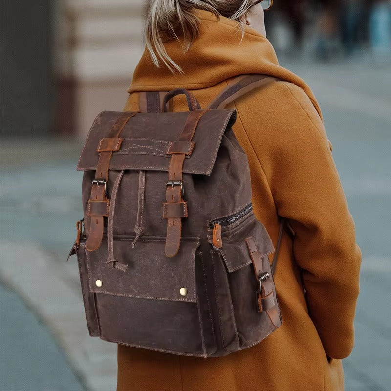 Dark Brown and Brown Waxed Canvas Backpack with Leather Accents — Braddock