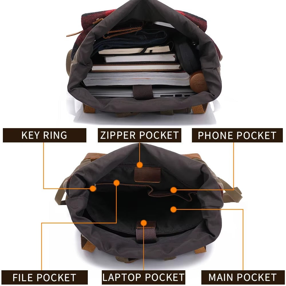 Waxed Canvas College Daypack & Business Backpack With Bufallo Plaid Design