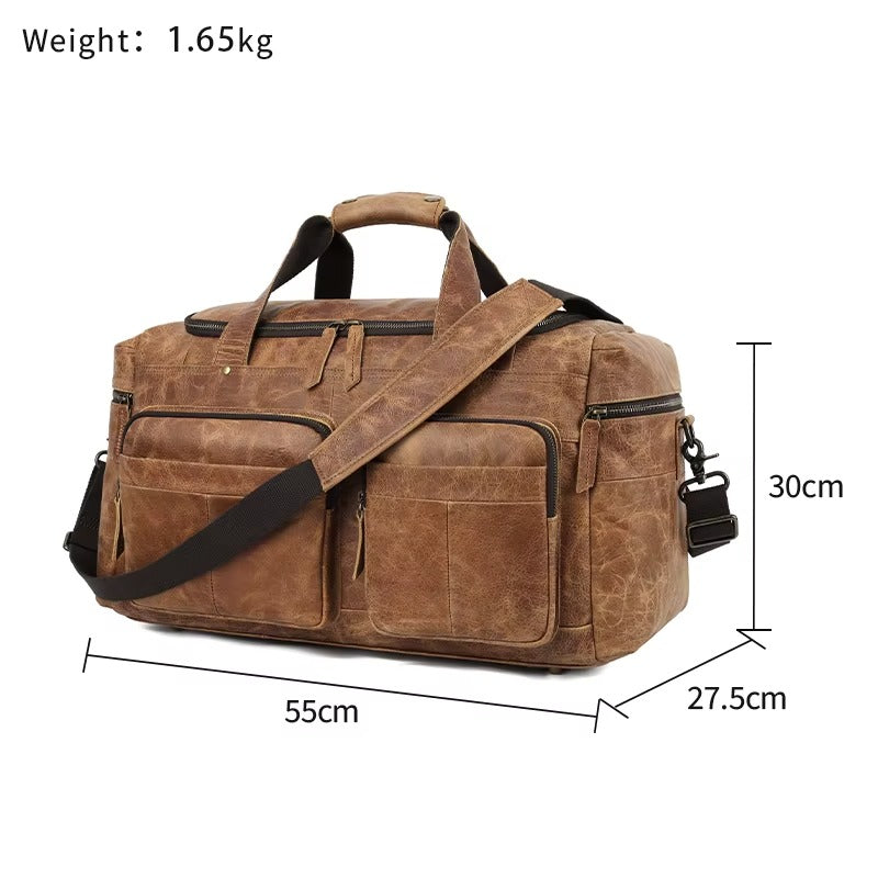 Unisex Zipper Full-Grain Leather Travel Spacious Duffel Bag
