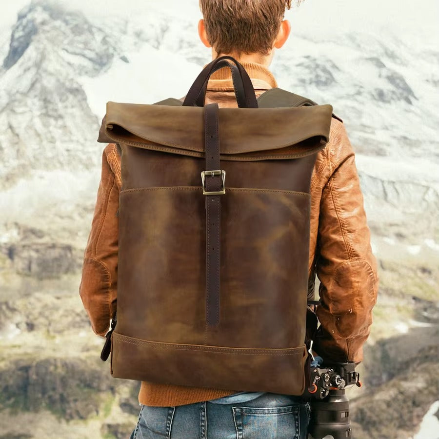 Men's Brown Leather Roll-Top Backpack — Longton