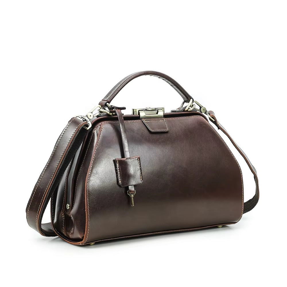 Handmade Full Grain Leather Crossbody Doctor Bag, Vintage Women’s Work Handbag