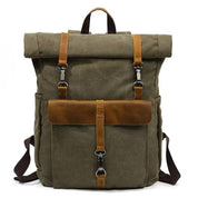Handmade Men's Canvas Roll-Top Backpack with Leather Travel Shoulder Rucksack