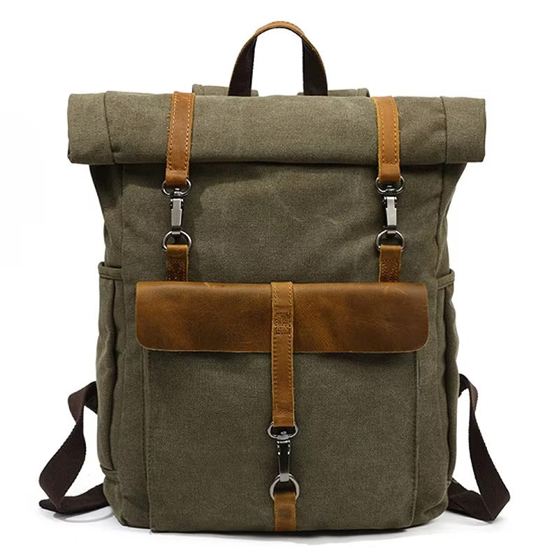 Handmade Men's Canvas Roll-Top Backpack with Leather Travel Shoulder Rucksack