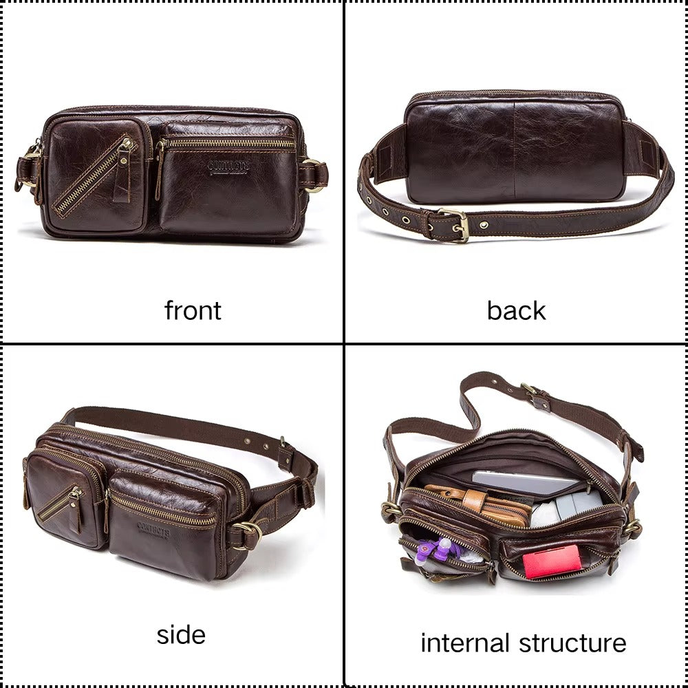 Handmade Genuine Leather Fanny Pack for Men, Multi-Zipper Crossbody Chest & Waist Bag
