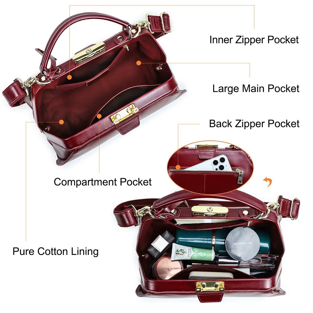 Handmade Full Grain Leather Crossbody Doctor Bag, Vintage Women’s Work Handbag